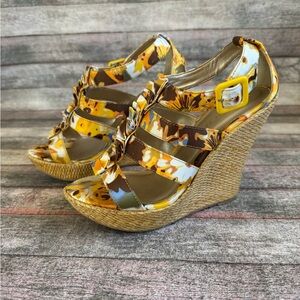 Charlotte Russe Yellow and Brown Floral Wedges